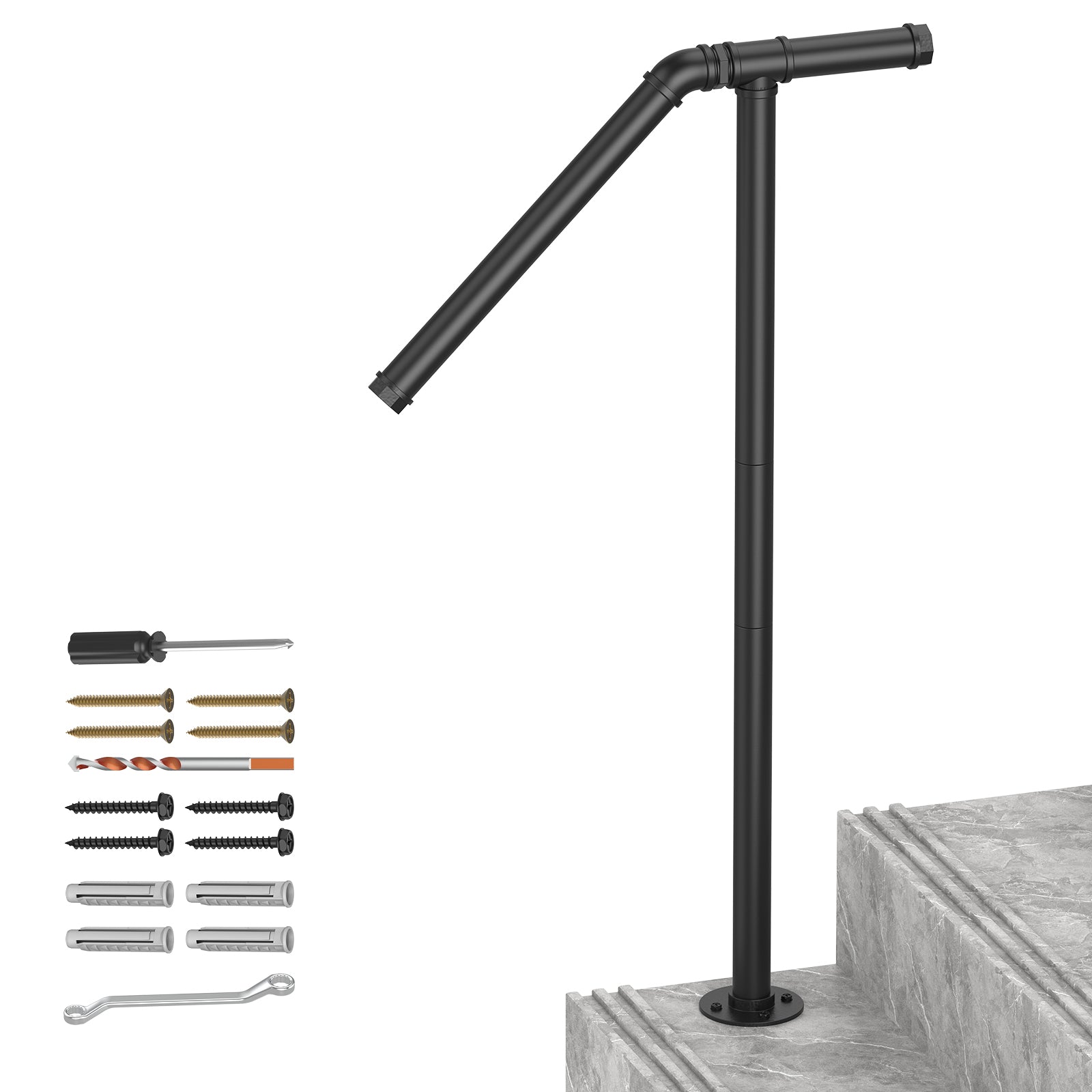 Single Post Outdoor Stair Handrail - Wrought Iron Transitional Porch Railing for 1-2 Steps, Black