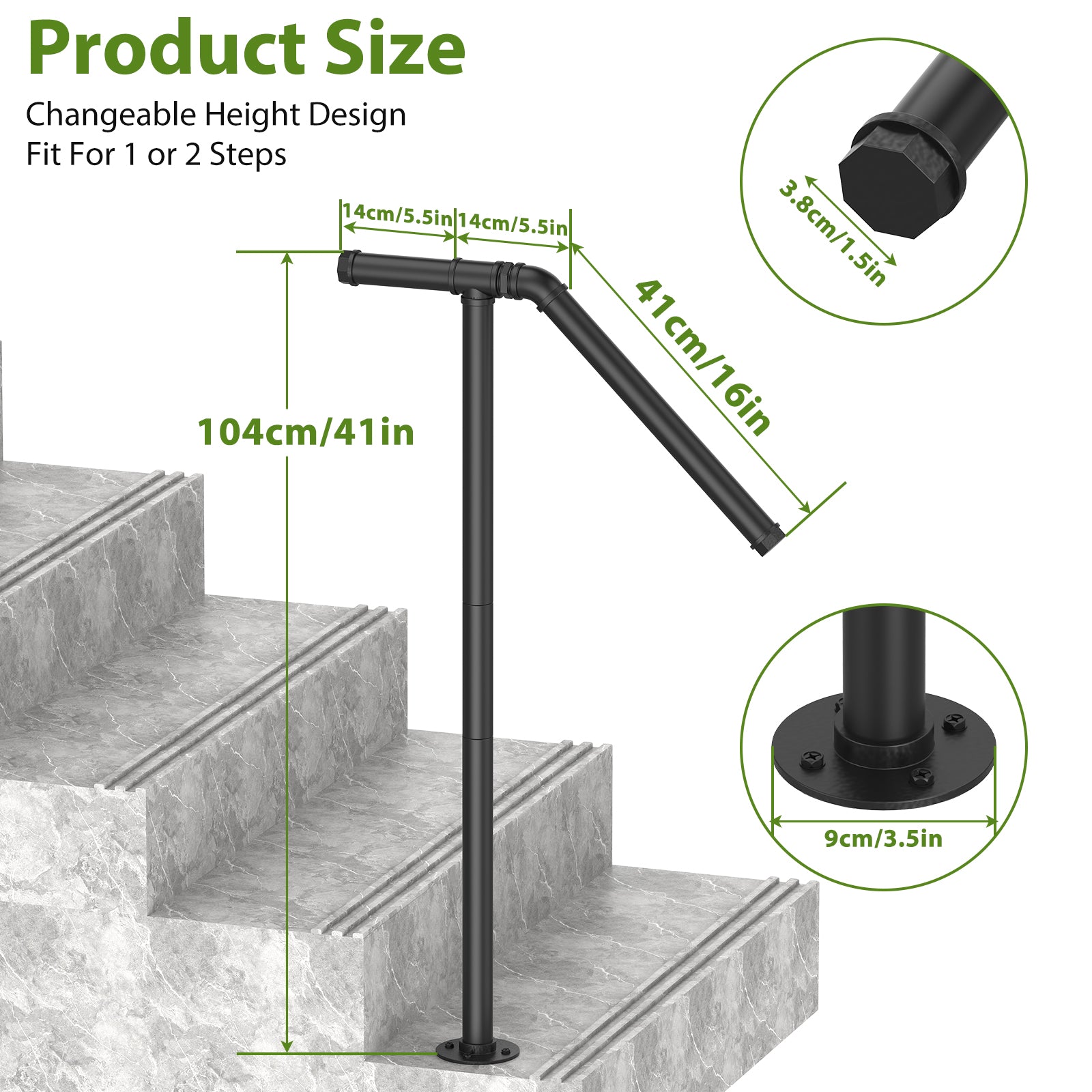 Single Post Outdoor Stair Handrail - Wrought Iron Transitional Porch Railing for 1-2 Steps, Black