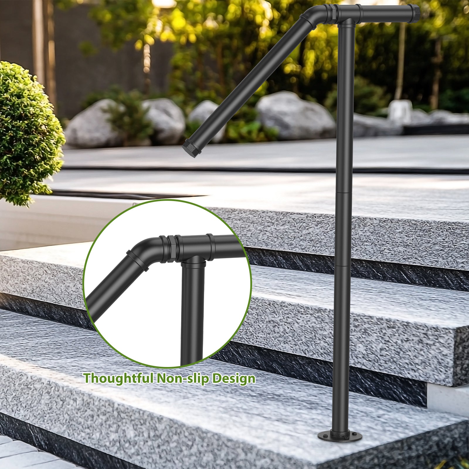 Single Post Outdoor Stair Handrail - Wrought Iron Transitional Porch Railing for 1-2 Steps, Black