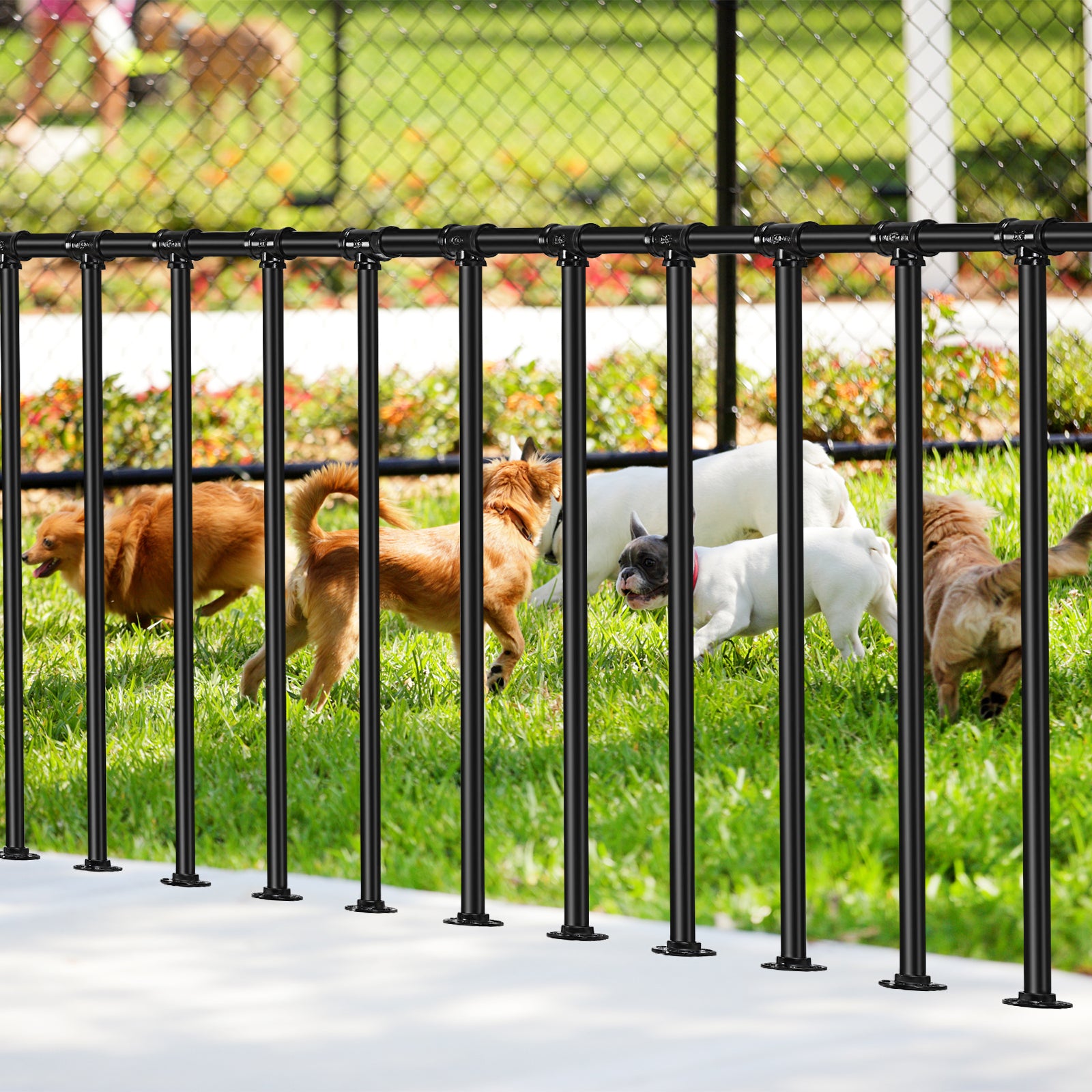 Deck Railing Kit (34 in H x 4 ft W) - Wrought Iron Flat Metal Porch Guard Rail with Balusters