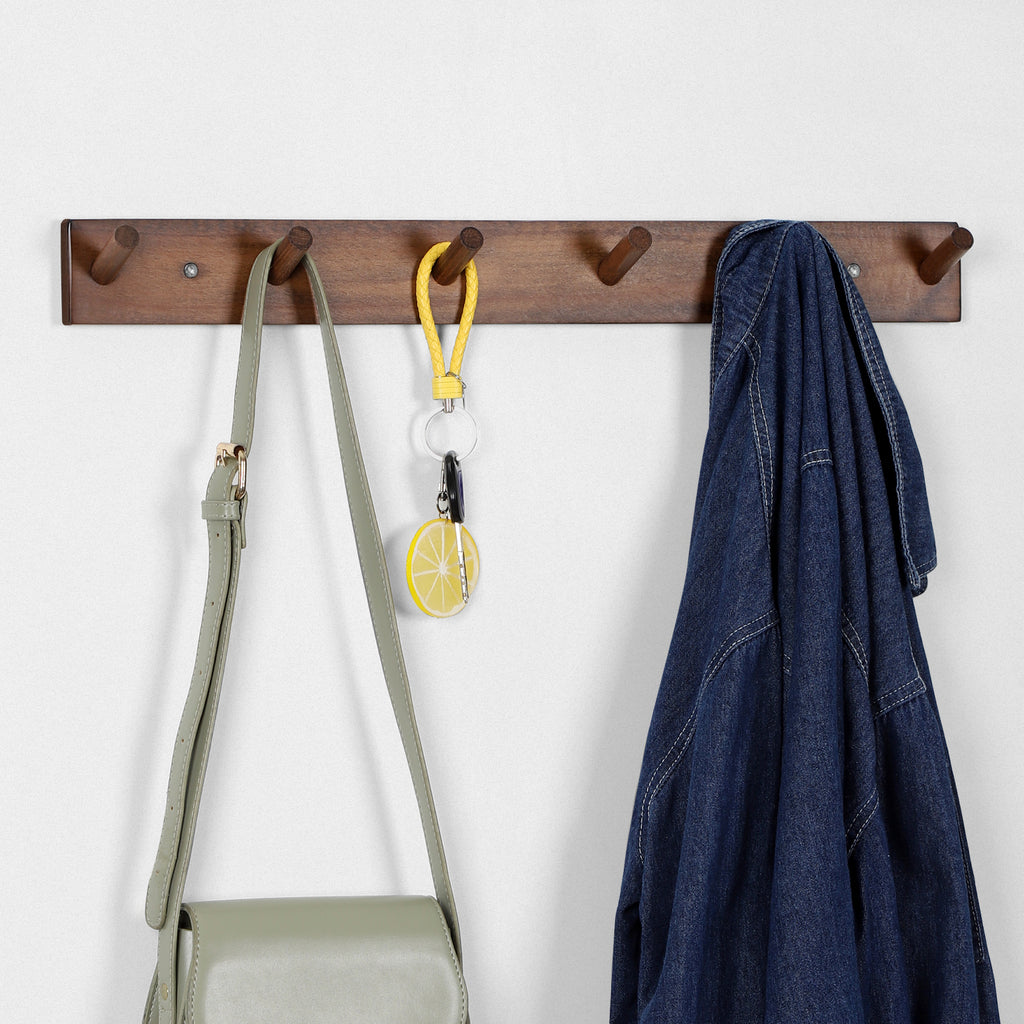 Rustic Dark Wood Peg Coat Hooks Set of 2, 6-Peg Wall Mount Hanging Rack, Farmhouse Wall Coat Hanger for Entryway Mudroom Towels Umbrellas Scarves