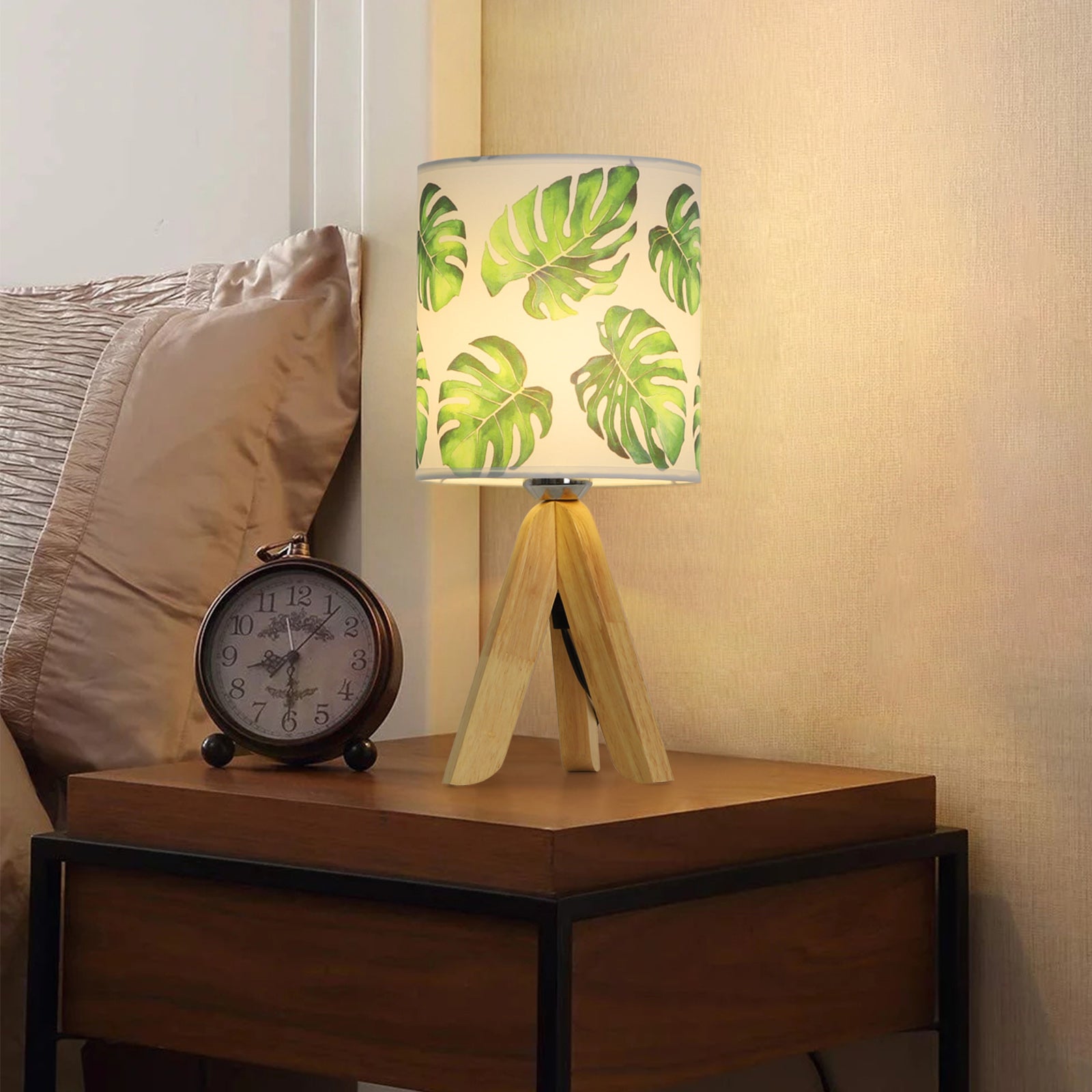 Modern Tripod Bedside Lamp - Small Desk Lamp with Fabric Shade & Wooden Base