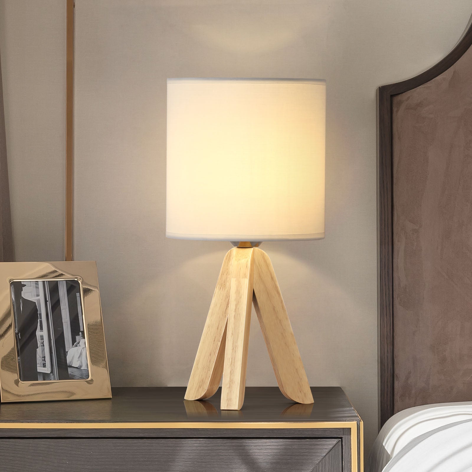 Modern Tripod Bedside Lamp - Small Desk Lamp with Fabric Shade & Wooden Base