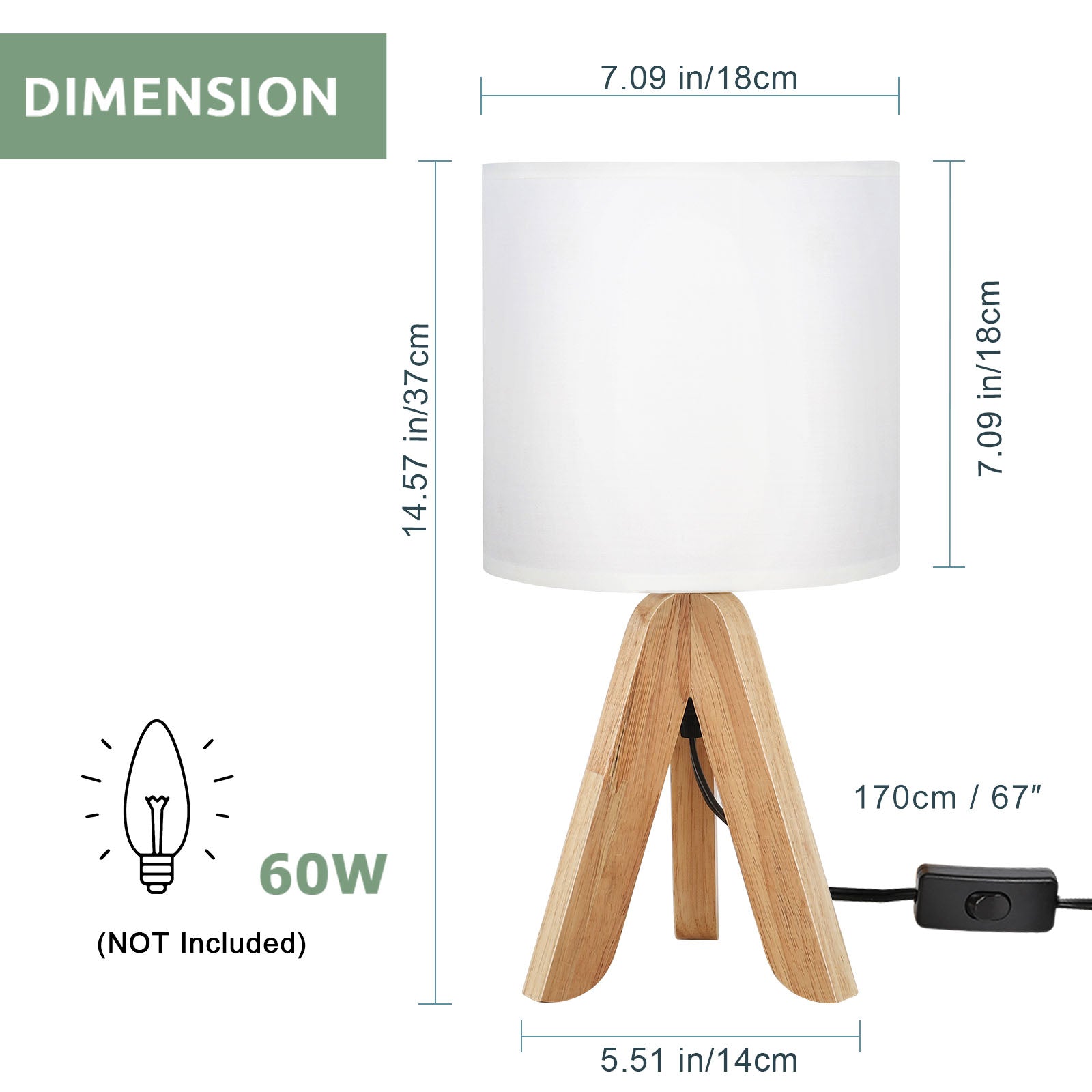 Modern Tripod Bedside Lamp - Small Desk Lamp with Fabric Shade & Wooden Base