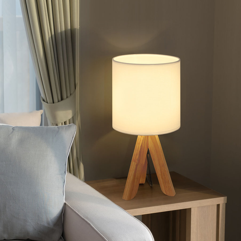 Modern Tripod Bedside Lamp - Small Desk Lamp with Fabric Shade & Wooden Base