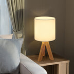 Modern Tripod Bedside Lamp - Small Desk Lamp with Fabric Shade & Wooden Base