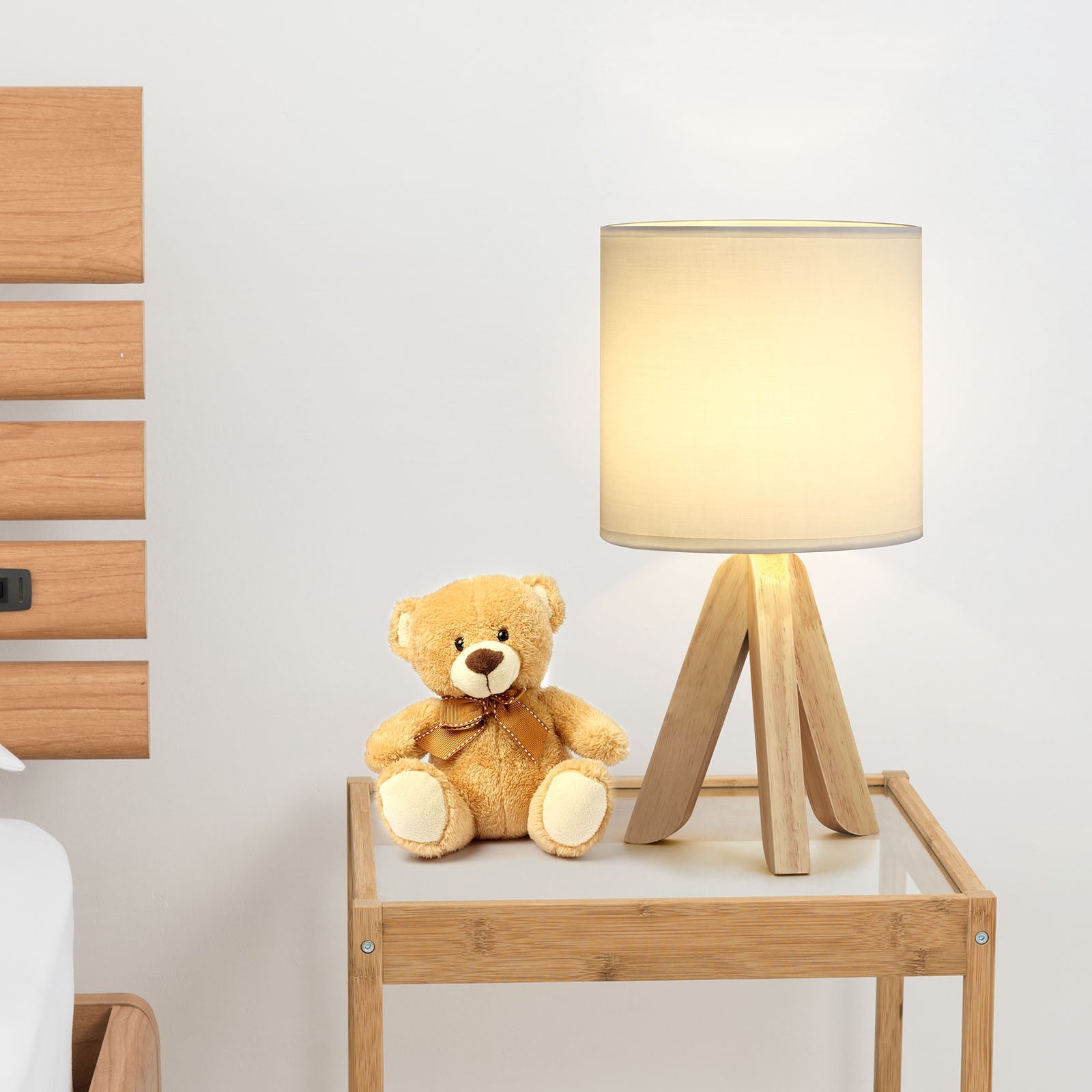 Modern Tripod Bedside Lamp - Small Desk Lamp with Fabric Shade & Wooden Base