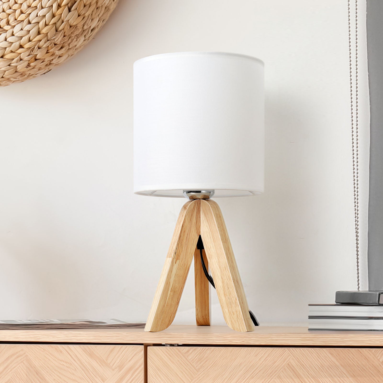 Modern Tripod Bedside Lamp - Small Desk Lamp with Fabric Shade & Wooden Base