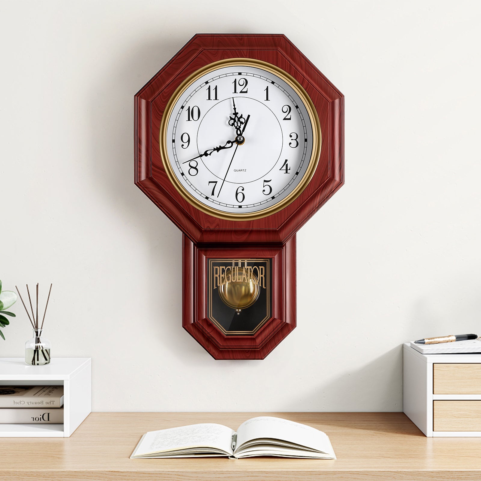Vintage Regulator Pendulum Wall Clock, 11.8x17.7 Inch Battery Operated Decorative Grandfather Style Clock for Living Room, Bedroom, Kitchen & Office, Red Wood Grain