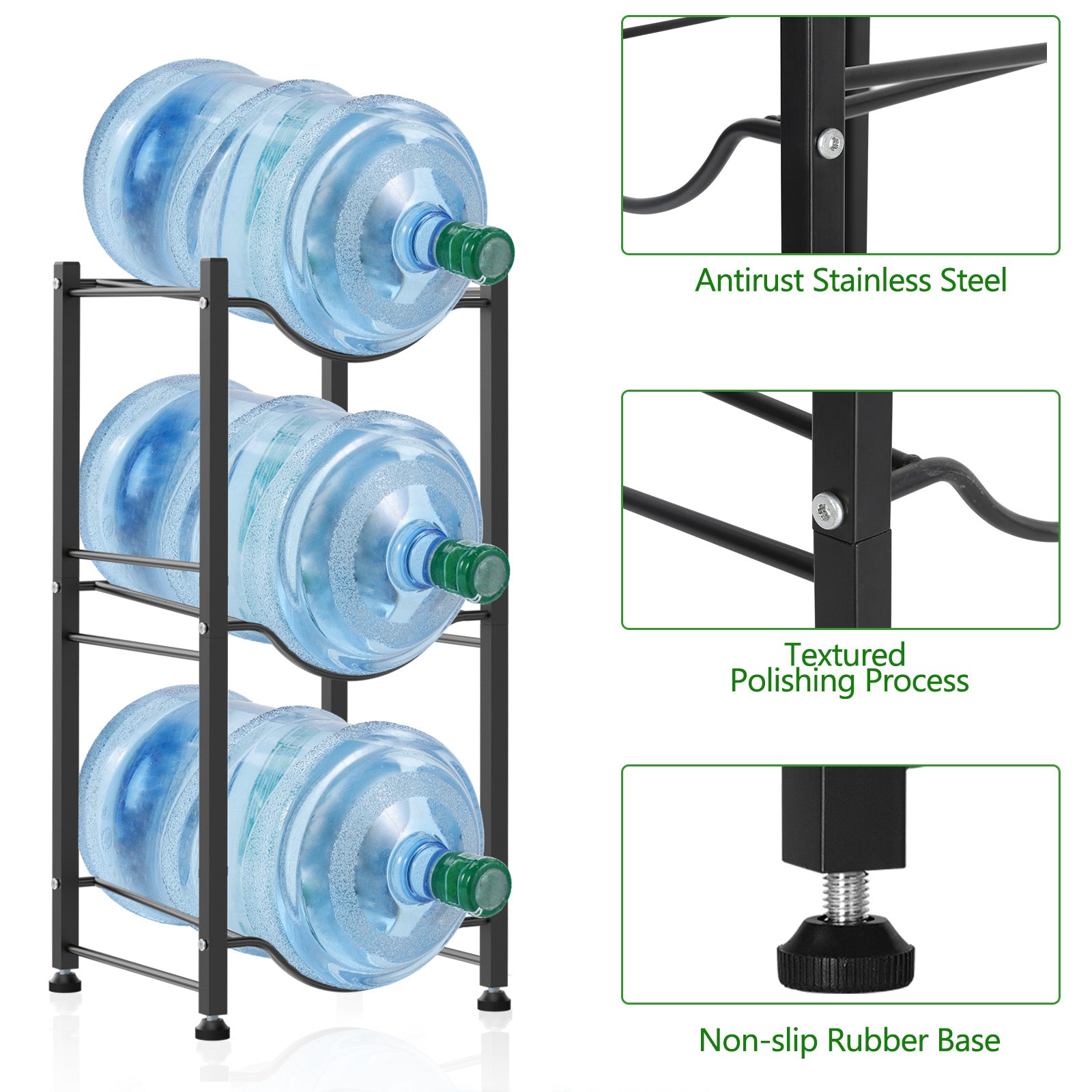 3-Tier Heavy Duty 5-Gallon Water Bottle Holder - Detachable Black Steel Storage