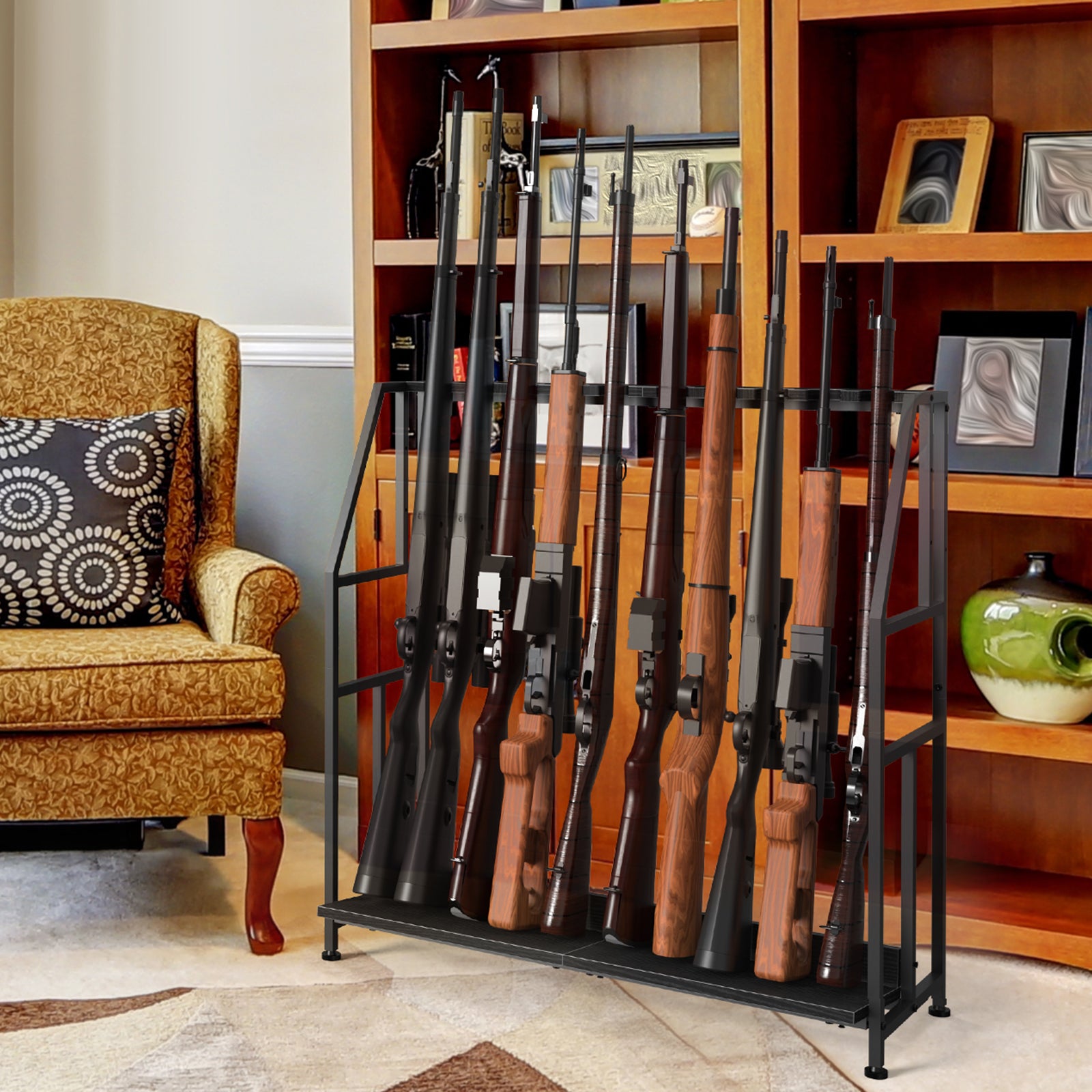 Floor Standing Gun Rack - Heavy Duty Wooden Rifle and Shotgun Display Stand (Holds 10 Long Guns)