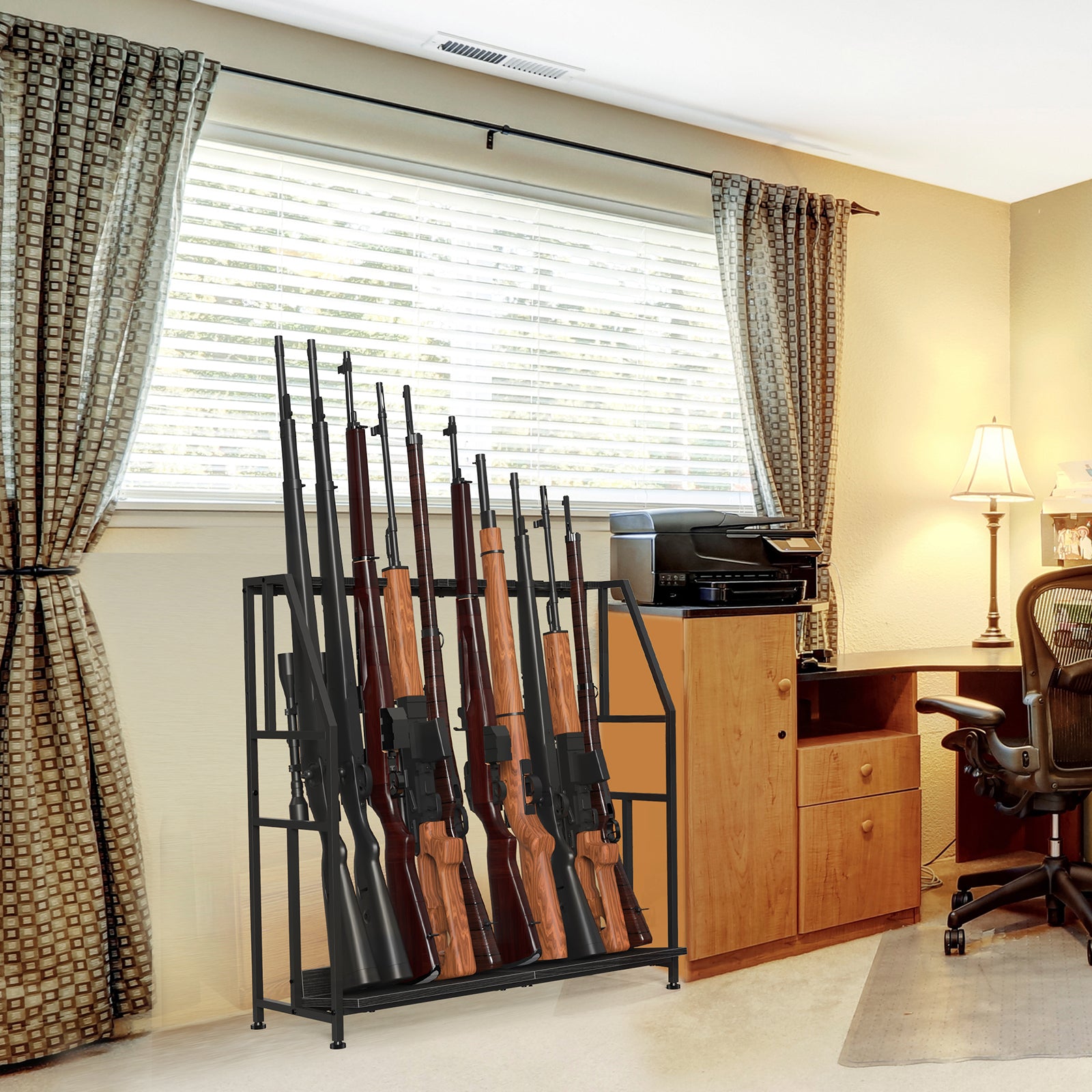 Floor Standing Gun Rack - Heavy Duty Wooden Rifle and Shotgun Display Stand (Holds 10 Long Guns)