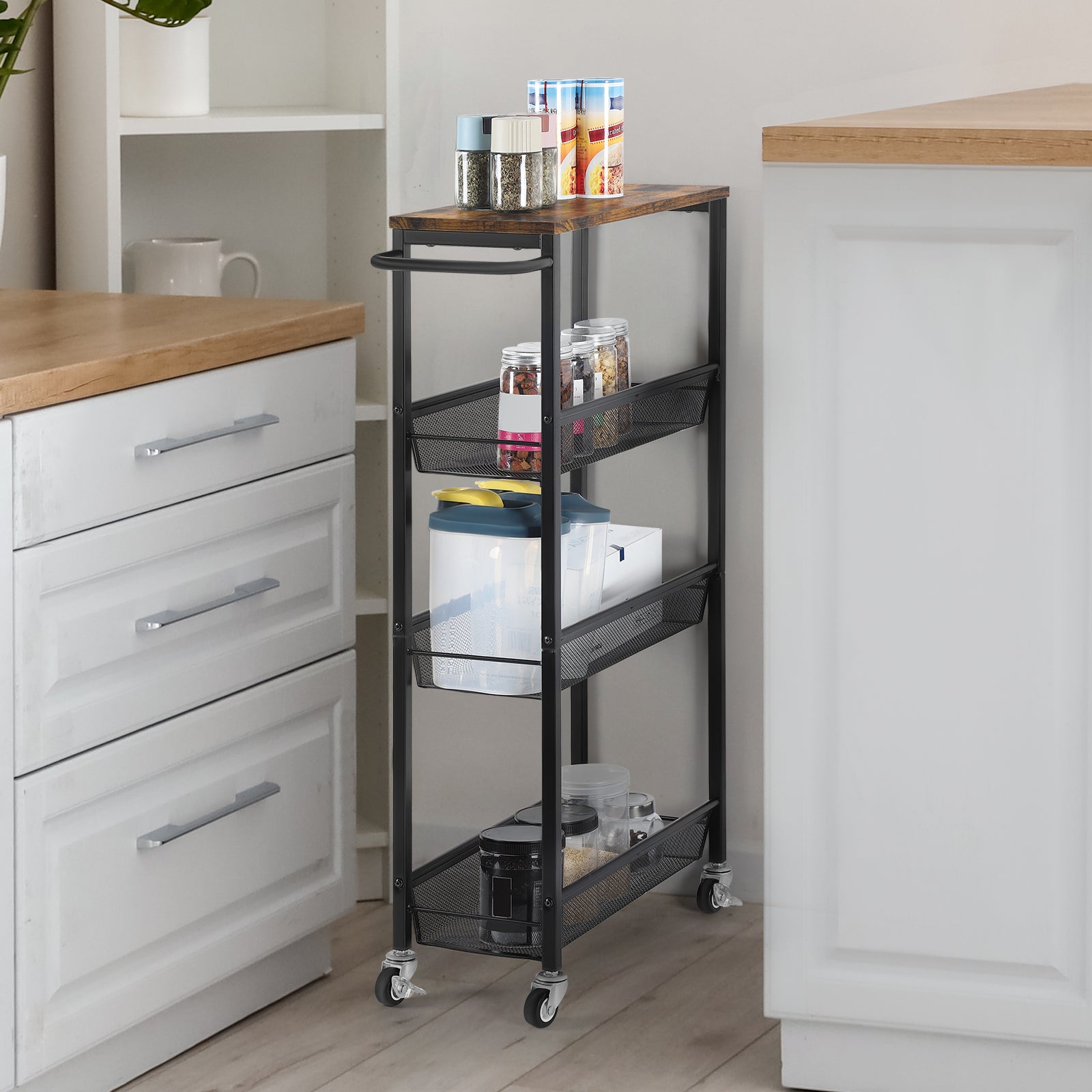 4-Tier Slim Storage Trolley Cart - Narrow Rolling Organizer Unit on Wheels, Mesh Baskets