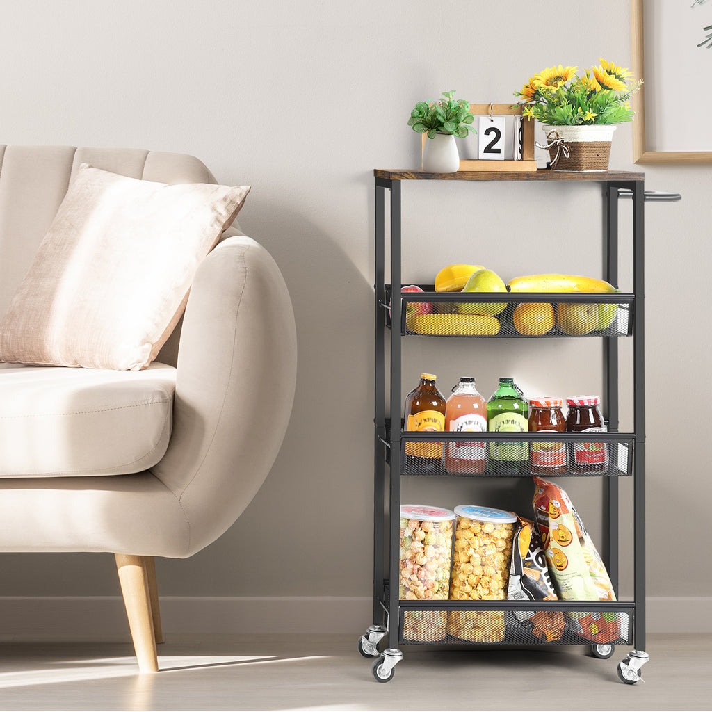 4-Tier Slim Storage Trolley Cart - Narrow Rolling Organizer Unit on Wheels, Mesh Baskets