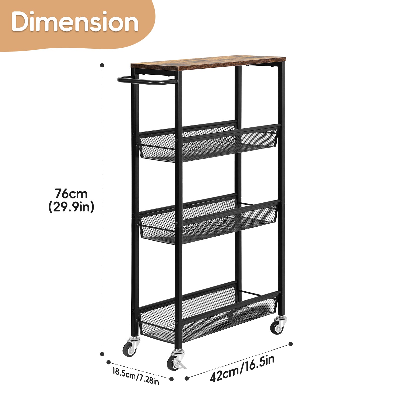 4-Tier Slim Storage Trolley Cart - Narrow Rolling Organizer Unit on Wheels, Mesh Baskets