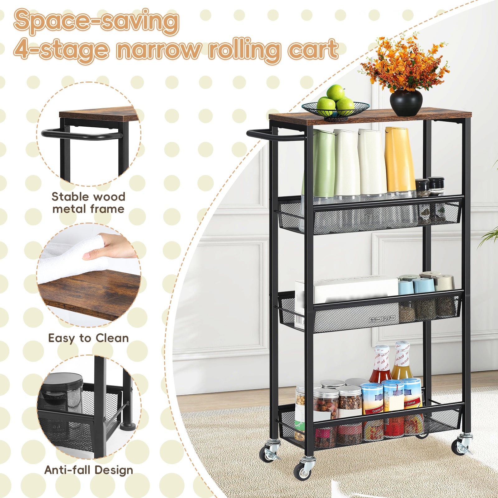 4-Tier Slim Storage Trolley Cart - Narrow Rolling Organizer Unit on Wheels, Mesh Baskets