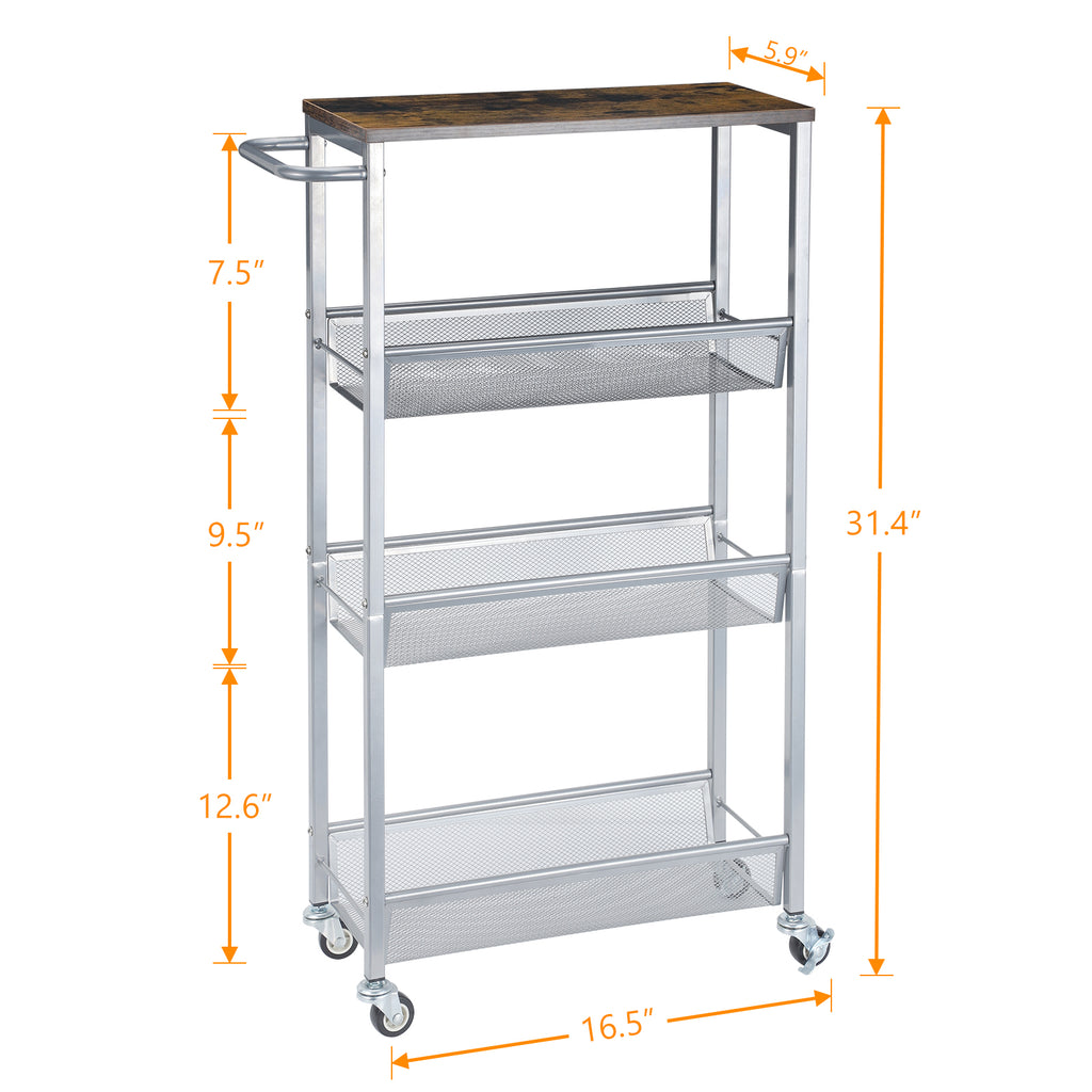 4-Tier Slim Storage Trolley Cart - Narrow Rolling Organizer Unit on Wheels, Mesh Baskets
