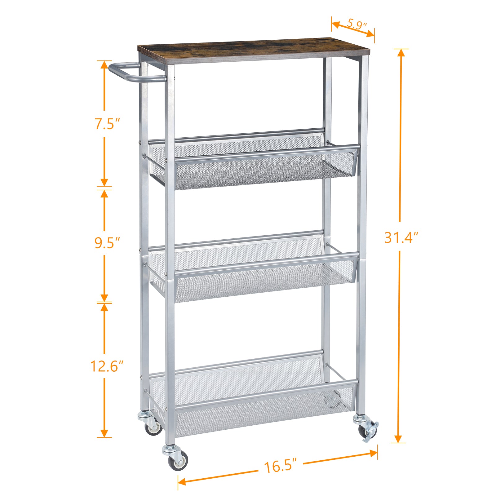 4-Tier Slim Storage Trolley Cart - Narrow Rolling Organizer Unit on Wheels, Mesh Baskets
