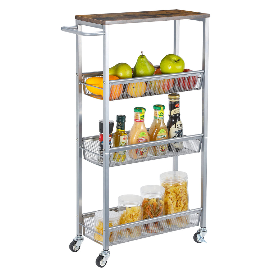 4-Tier Slim Storage Trolley Cart - Narrow Rolling Organizer Unit on Wheels, Mesh Baskets