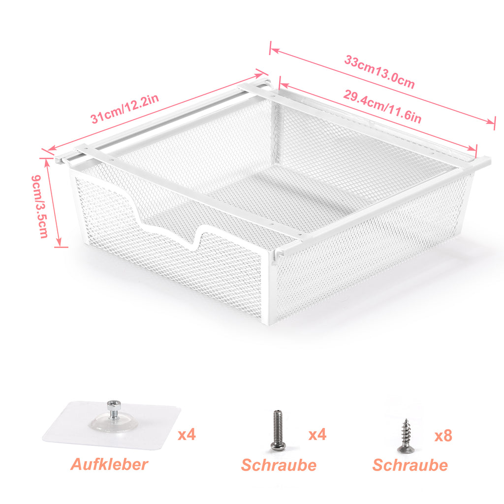 Under Desk Storage Drawers (2 Pack) - Adhesive Slide Out Mesh Drawer Organizer, White