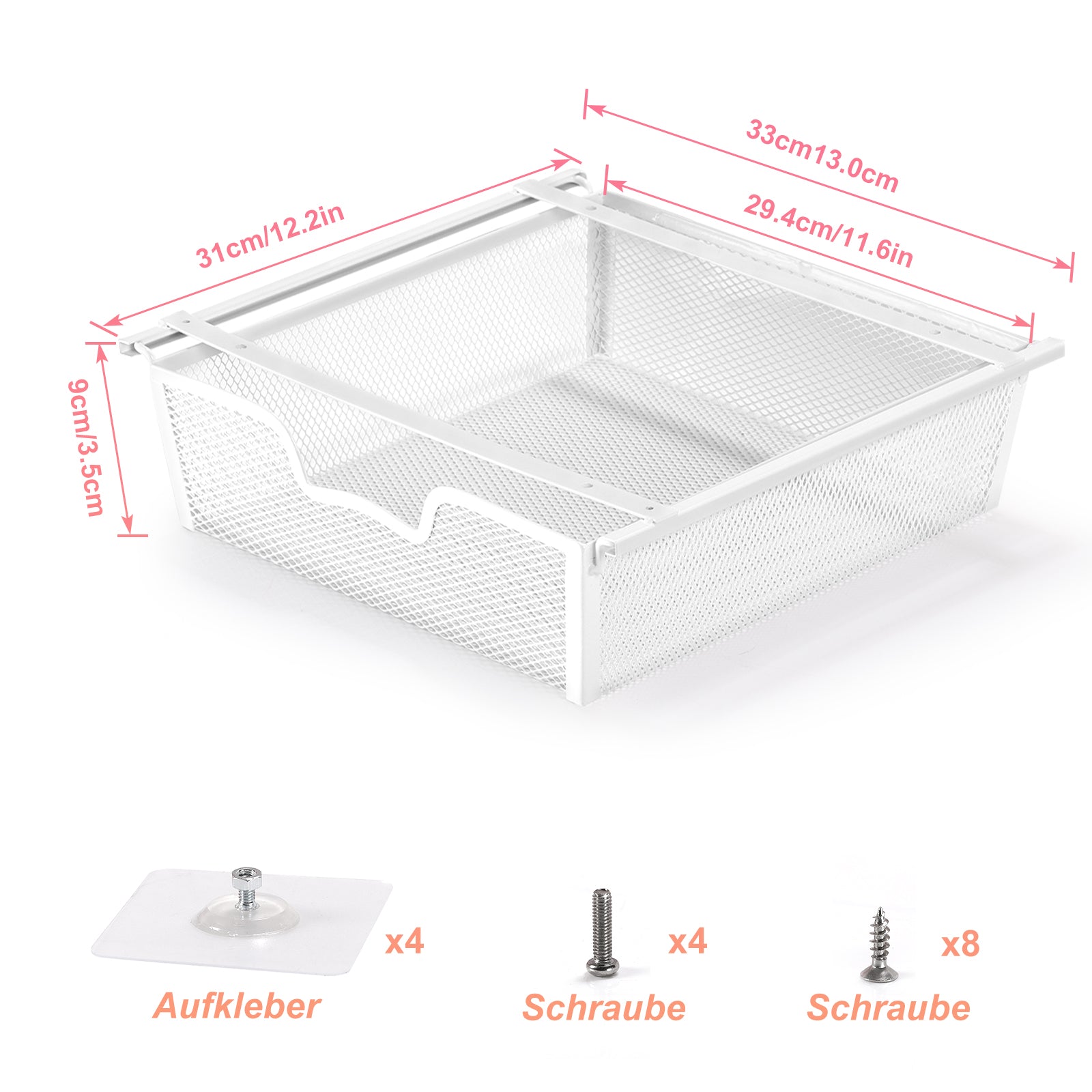 Under Desk Storage Drawers (2 Pack) - Adhesive Slide Out Mesh Drawer Organizer, White