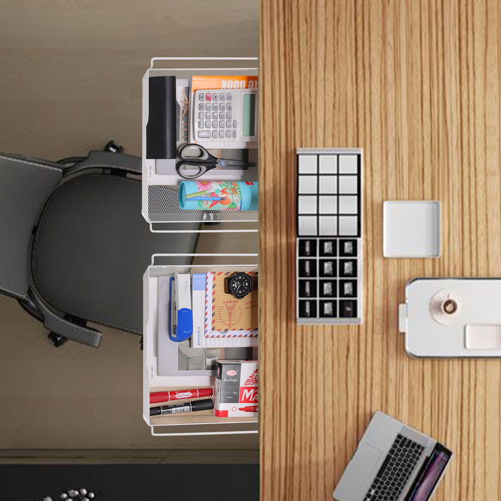 Under Desk Storage Drawers (2 Pack) - Adhesive Slide Out Mesh Drawer Organizer, White