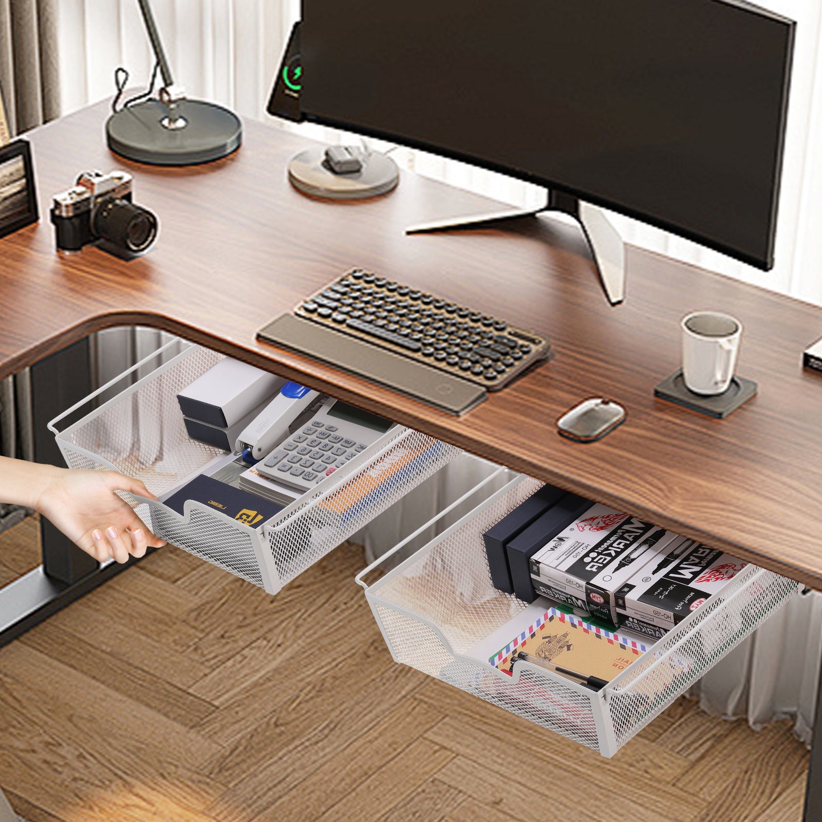 Under Desk Storage Drawers (2 Pack) - Adhesive Slide Out Mesh Drawer Organizer, White
