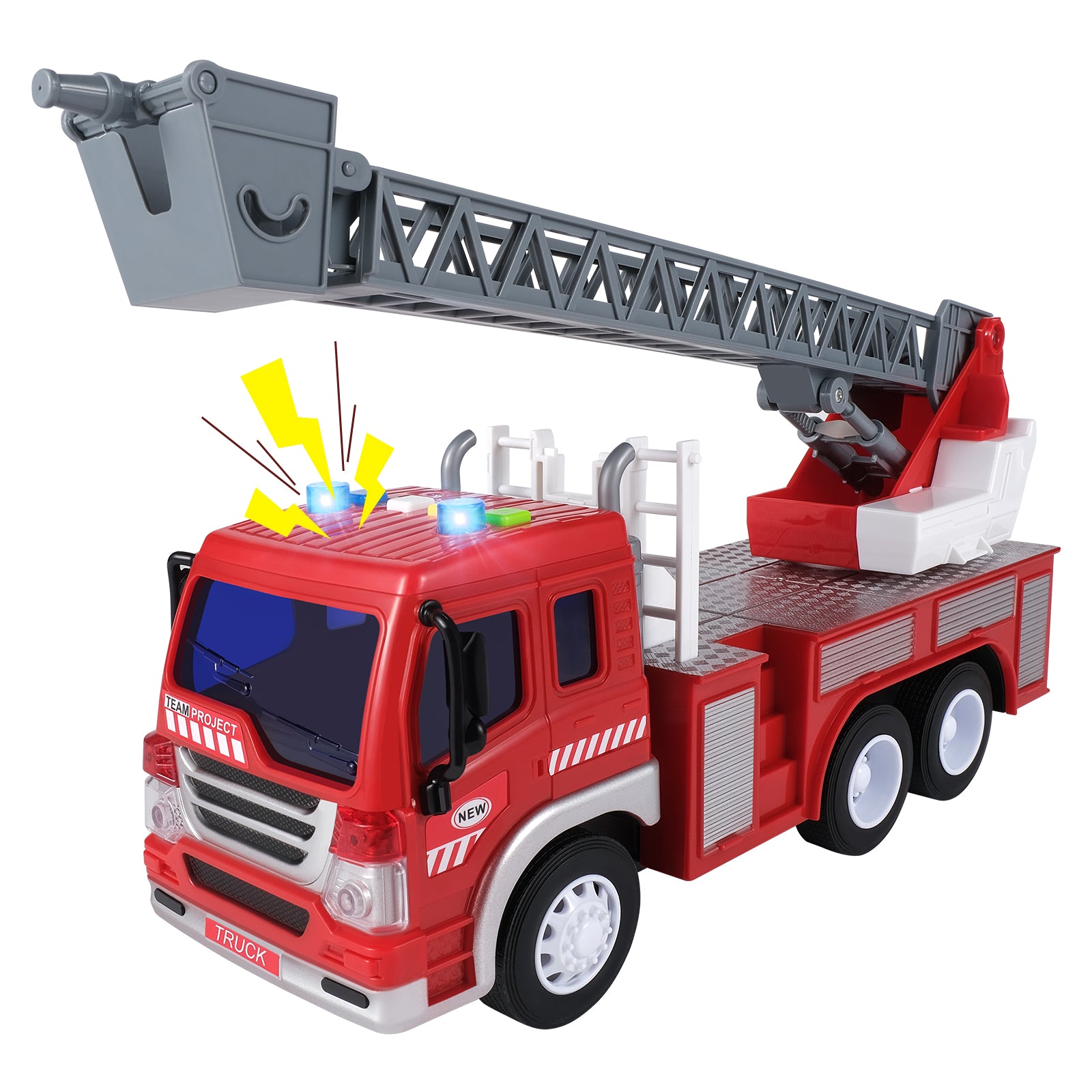 1:16 Scale Friction Powered Fire Engine Toy with Lights, Sounds, and Rotating Extendable Ladder for Children Ages 3-12