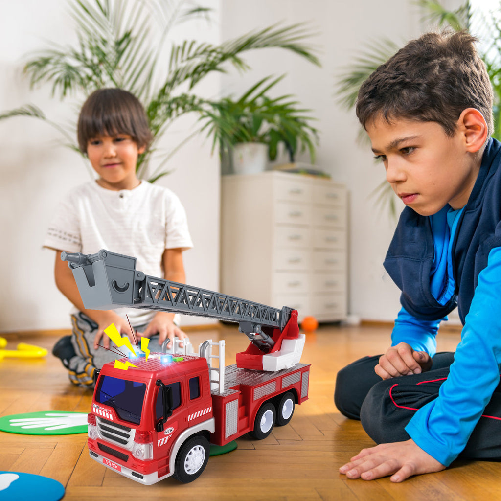 1:16 Scale Friction Powered Fire Engine Toy with Lights, Sounds, and Rotating Extendable Ladder for Children Ages 3-12