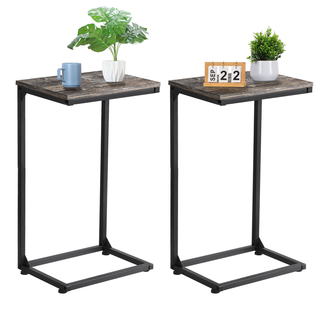 2-Pack C-Shaped Side Tables with Wood Textured Top - Slim Sofa End Tables for Small Spaces, Convenient Snack Tray for Living Room & Bedroom, Black