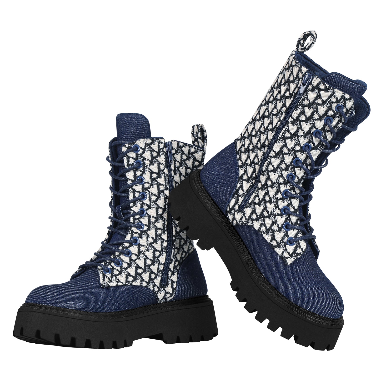 Women's Platform Combat Boots, Lace-Up Ankle Boots with Inside Zipper, Chunky Heel Fashion Denim & Print Boots for Fall Winter