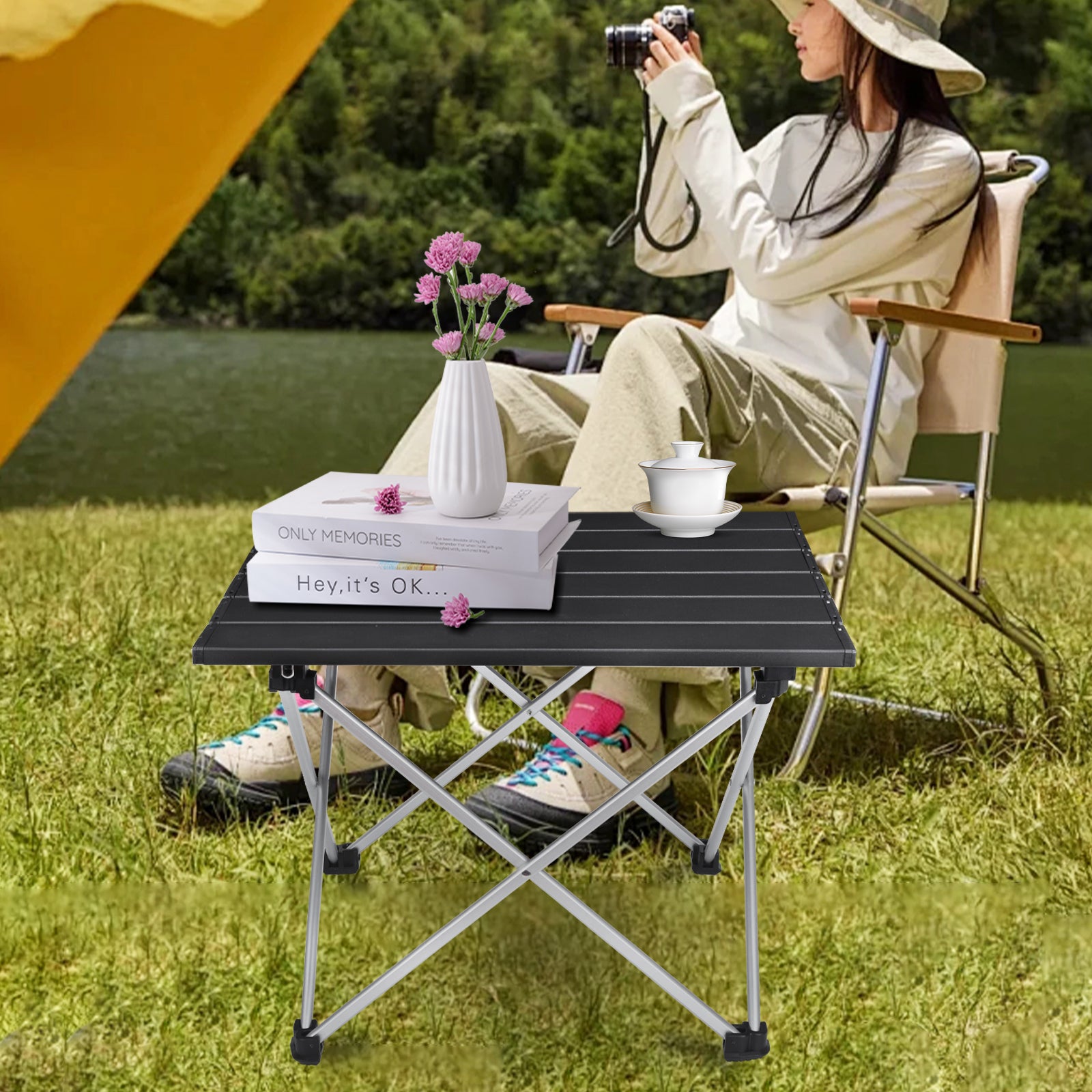 Portable Folding Camping Table - Lightweight Aluminum Side Table with Carry Bag