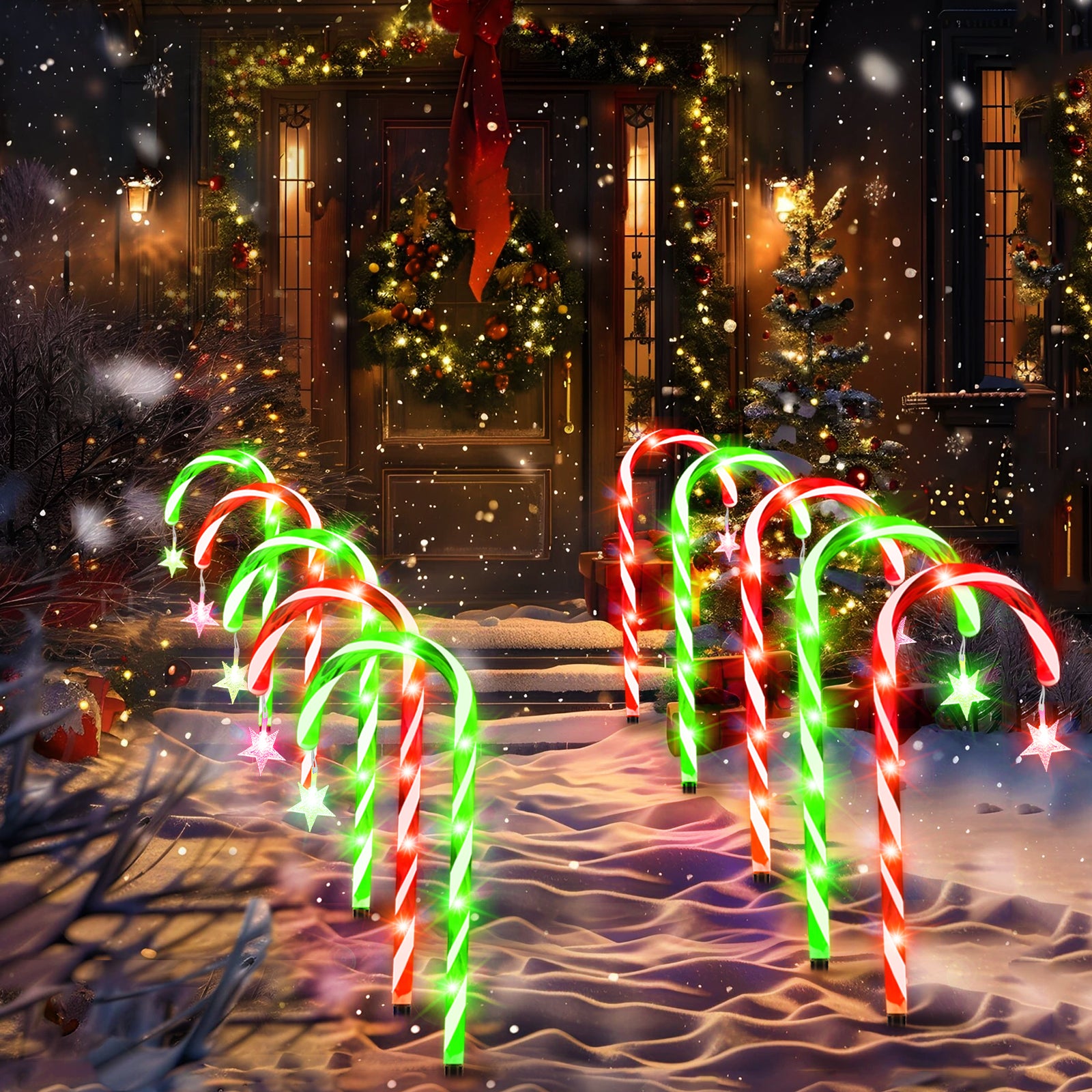 10 Pack 21" Solar Candy Cane Lights w/ Remote - Waterproof Outdoor Christmas Pathway Markers