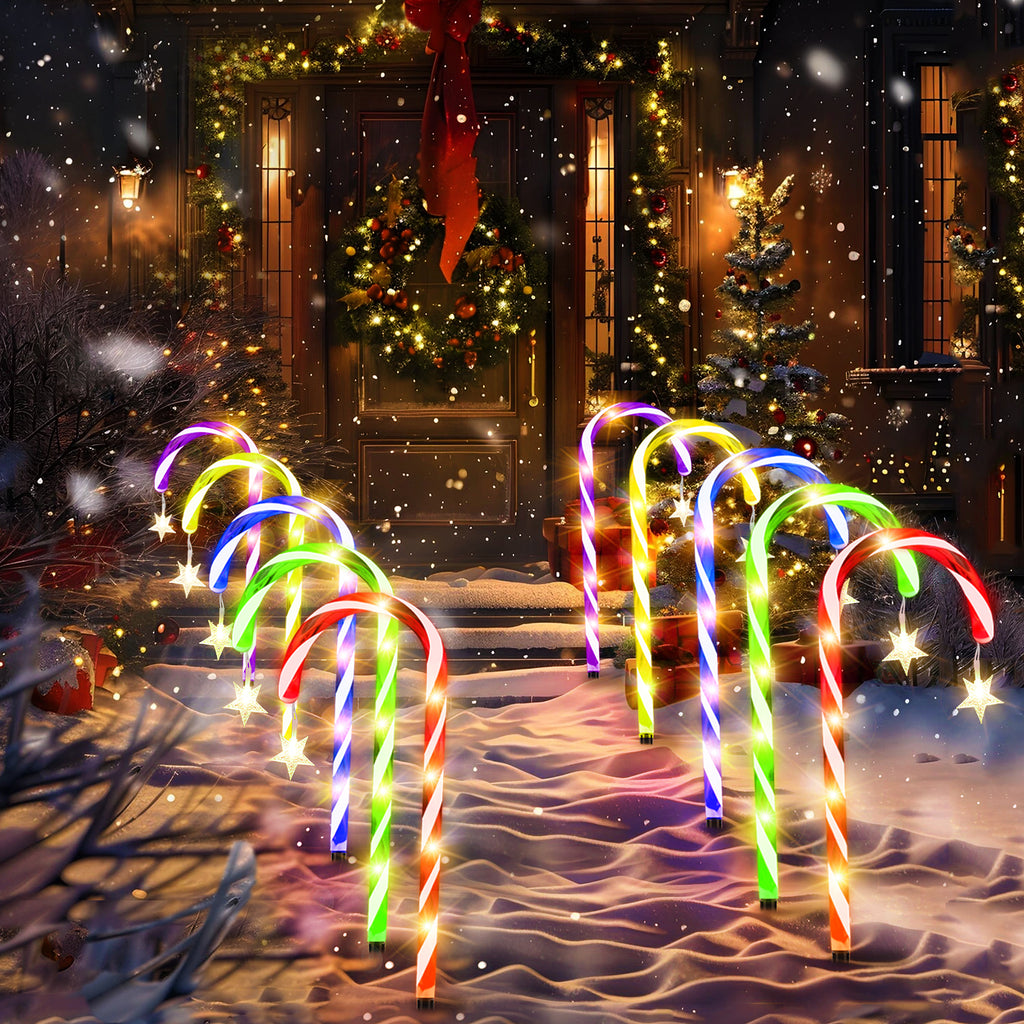 10 Pack 21" Solar Candy Cane Lights w/ Remote - Waterproof Outdoor Christmas Pathway Markers