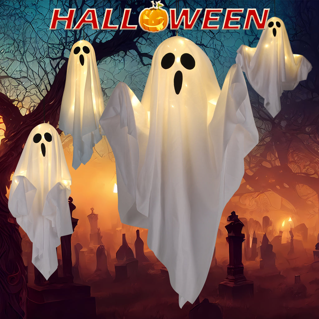 Halloween Hanging Ghost Decorations, Light Up White Ghost with Warm LED Lights, Spooky Hanging Ghost Ornaments for Indoor/Outdoor Yard, Porch, Tree Party Decor, 19.6in