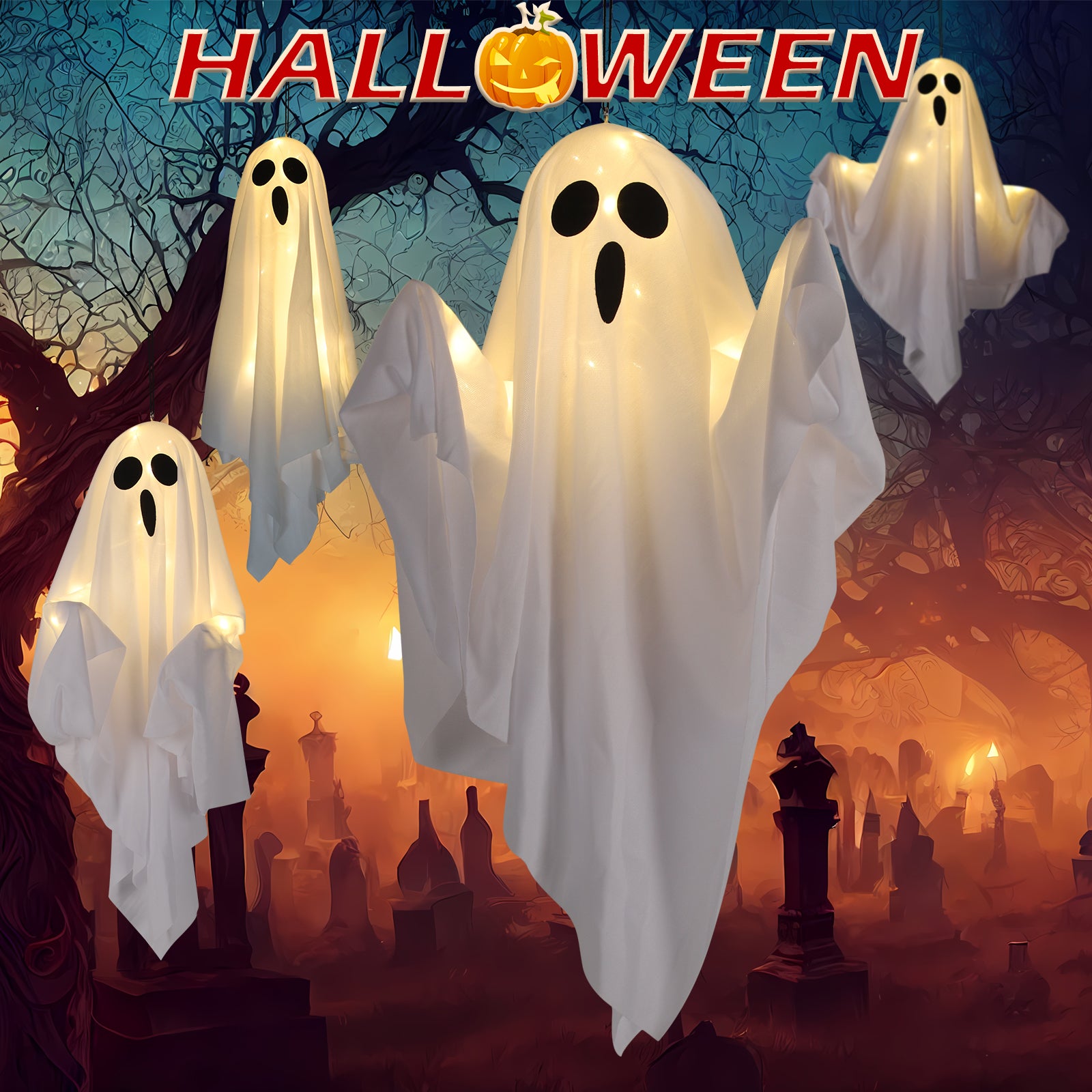 Halloween Hanging Ghost Decorations, Light Up White Ghost with Warm LED Lights, Spooky Hanging Ghost Ornaments for Indoor/Outdoor Yard, Porch, Tree Party Decor, 19.6in