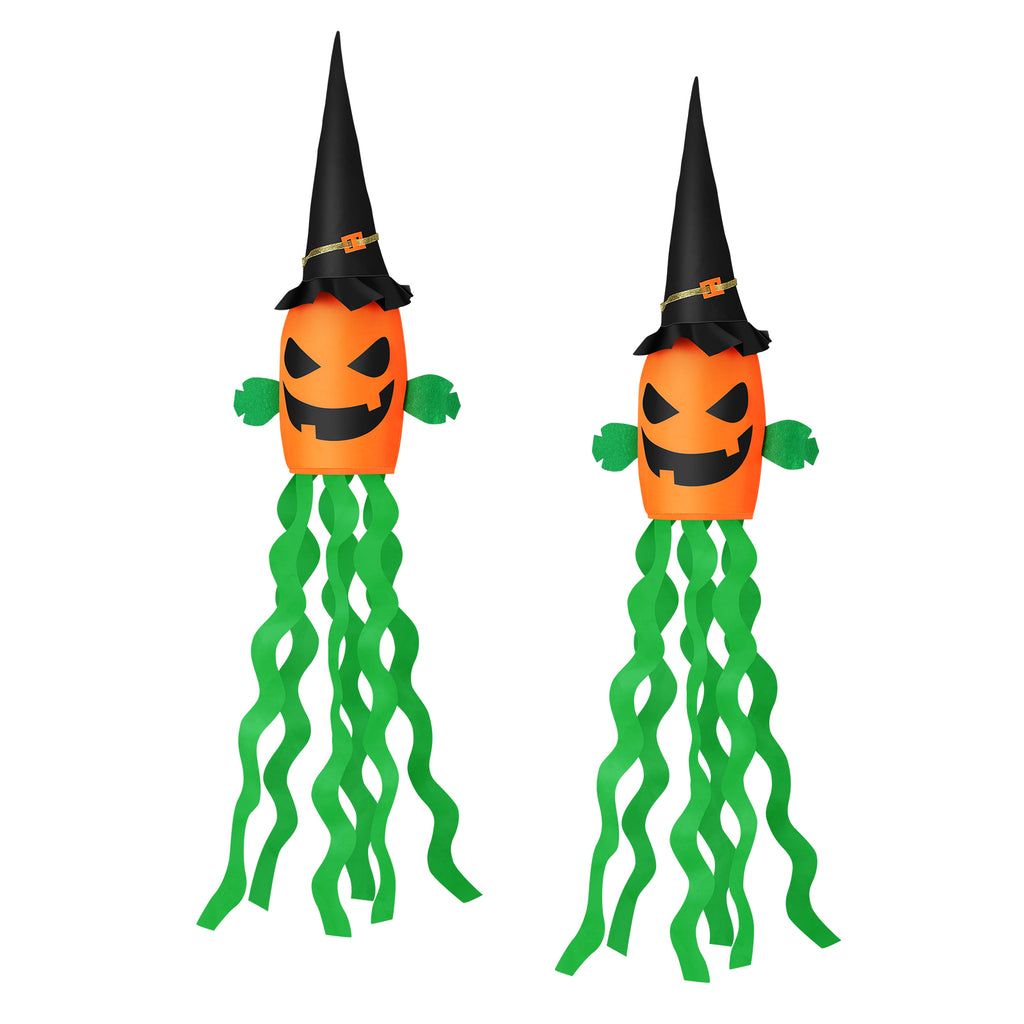 2 Pack Halloween Pumpkin Windsock Decorations, Light Up Hanging Jack-O-Lantern with Witch Hat, 53 Inch Glowing Outdoor Flag for Yard, Porch, Tree, Party Decor