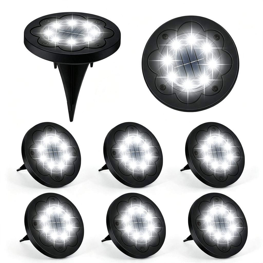 Flower Shaped 8‑LED Solar Ground Lights 8‑Pack, Waterproof Outdoor Buried Disk Lights