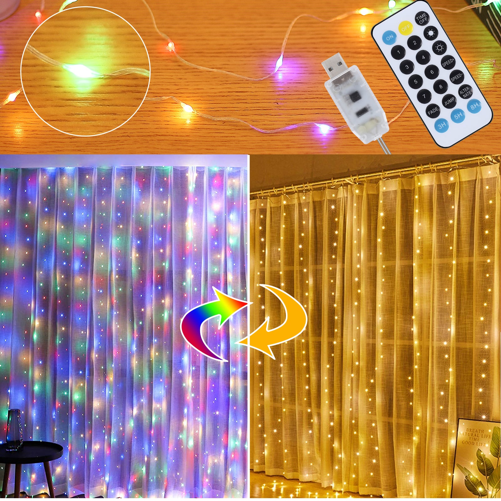 Curtain String Lights, 9.8x9.8ft 300 LED Fairy Lights with Remote, Dual Color Warm White & Multicolor Window Curtain Lights, 11 Modes Waterproof Twinkle Lights for Bedroom, Party, Wedding, Christmas Decor