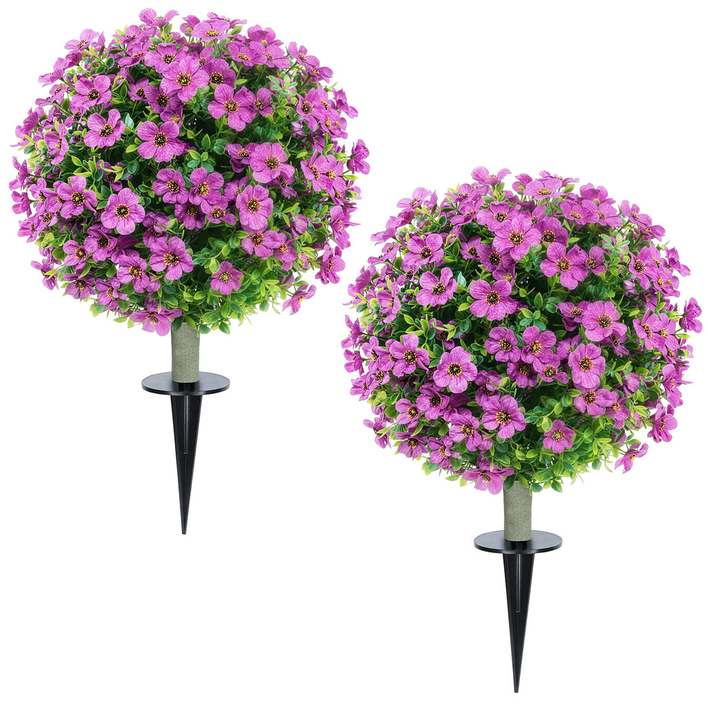 2 Pack Artificial Purple Violet Topiary Ball Trees, 23.6 Inch Fake Flower Ball Plants with Ground Stake, UV Resistant Faux Floral Shrubs for Outdoor Garden, Patio, Front Porch Decor