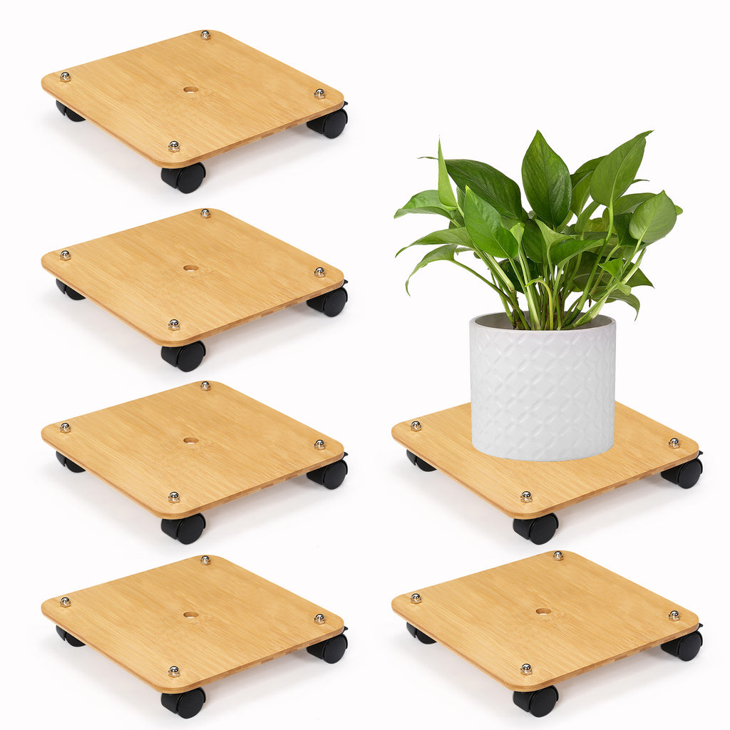 6 Pack Rolling Plant Stand With 360¡ã Wheels, Wood Plant Caddy Heavy Duty Potted Plant Base With Lockable Caster, Square Flower Pots For Garden Planter Indoor Outdoor Patio (Black/Wood Color)