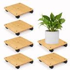 6 Pack Rolling Plant Stand With 360¡ã Wheels, Wood Plant Caddy Heavy Duty Potted Plant Base With Lockable Caster, Square Flower Pots For Garden Planter Indoor Outdoor Patio (Black/Wood Color)