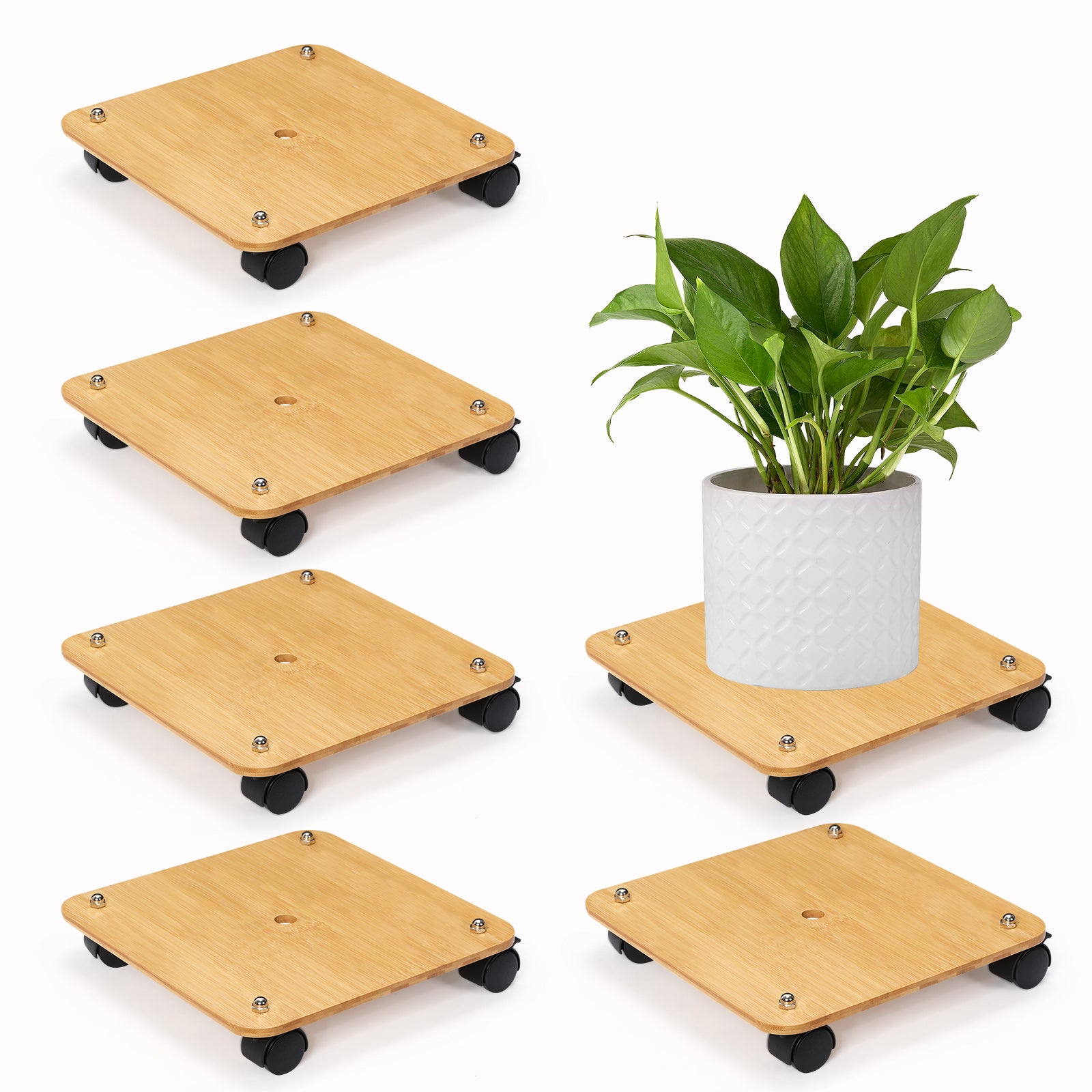 6 Pack Rolling Plant Stand With 360¡ã Wheels, Wood Plant Caddy Heavy Duty Potted Plant Base With Lockable Caster, Square Flower Pots For Garden Planter Indoor Outdoor Patio (Black/Wood Color)