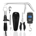 Multi functional fishing gear five piece set - fishing tool set. Professional fishing equipment. Five piece fishing gear set. Fishing tongs, hook removers, lip clips, and digital scales.
