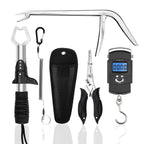 Multi functional fishing gear five piece set - fishing tool set. Professional fishing equipment. Five piece fishing gear set. Fishing tongs, hook removers, lip clips, and digital scales.