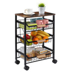 Kitchen Island Serving Cart with Utility Wood Tabletop, 4-Tier Rolling Storage Cart with 3 Basket Drawers, Kitchen Cart with Wheels for Home, Dining Room, Bar, Restaurant, Hotel