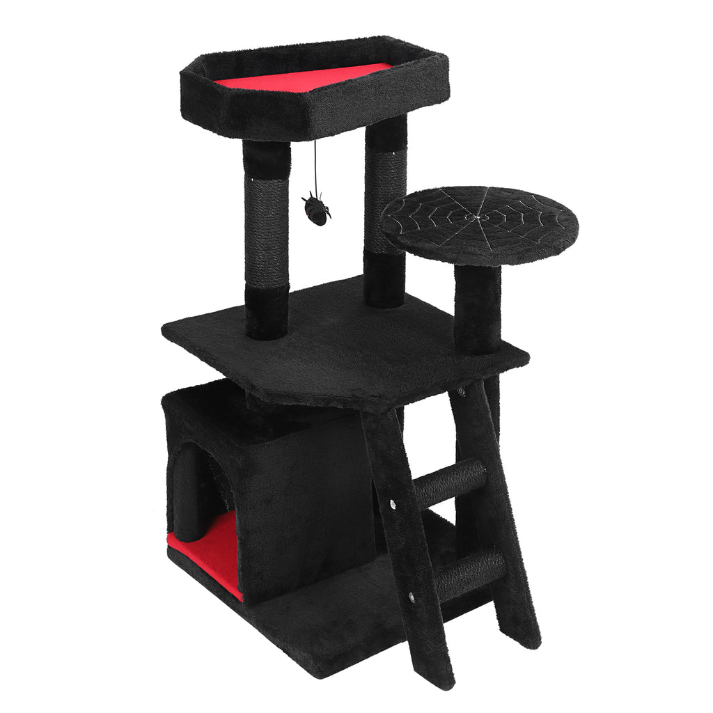 Gothic Cat Tree Tower with Coffin Bed & Spider Toy - 32" Multi-Level Kitty Condo with Scratching Posts & Ladder for Small to Medium Cats, Black