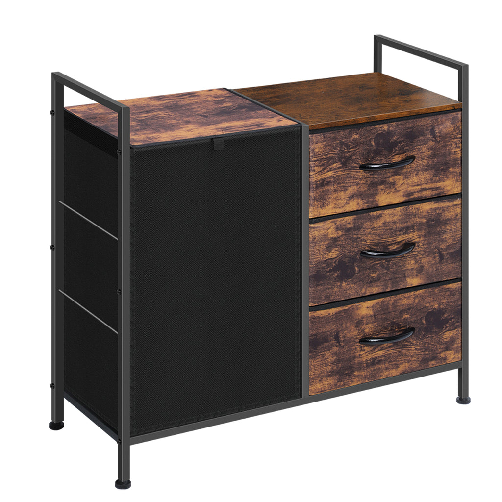 Storage Dresser with 3 Fabric Drawers & Laundry Basket, Rustic Drawer Chest Metal Frame, Bedroom Bathroom Laundry Organizer Cabinet