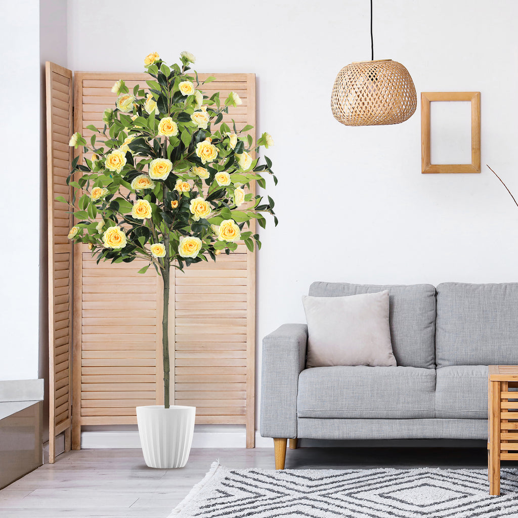 6ft Artificial Camellia Tree with Yellow Flowers, Tall Faux Blooming Tree in Pot for Indoor Outdoor Home Front Door Decor