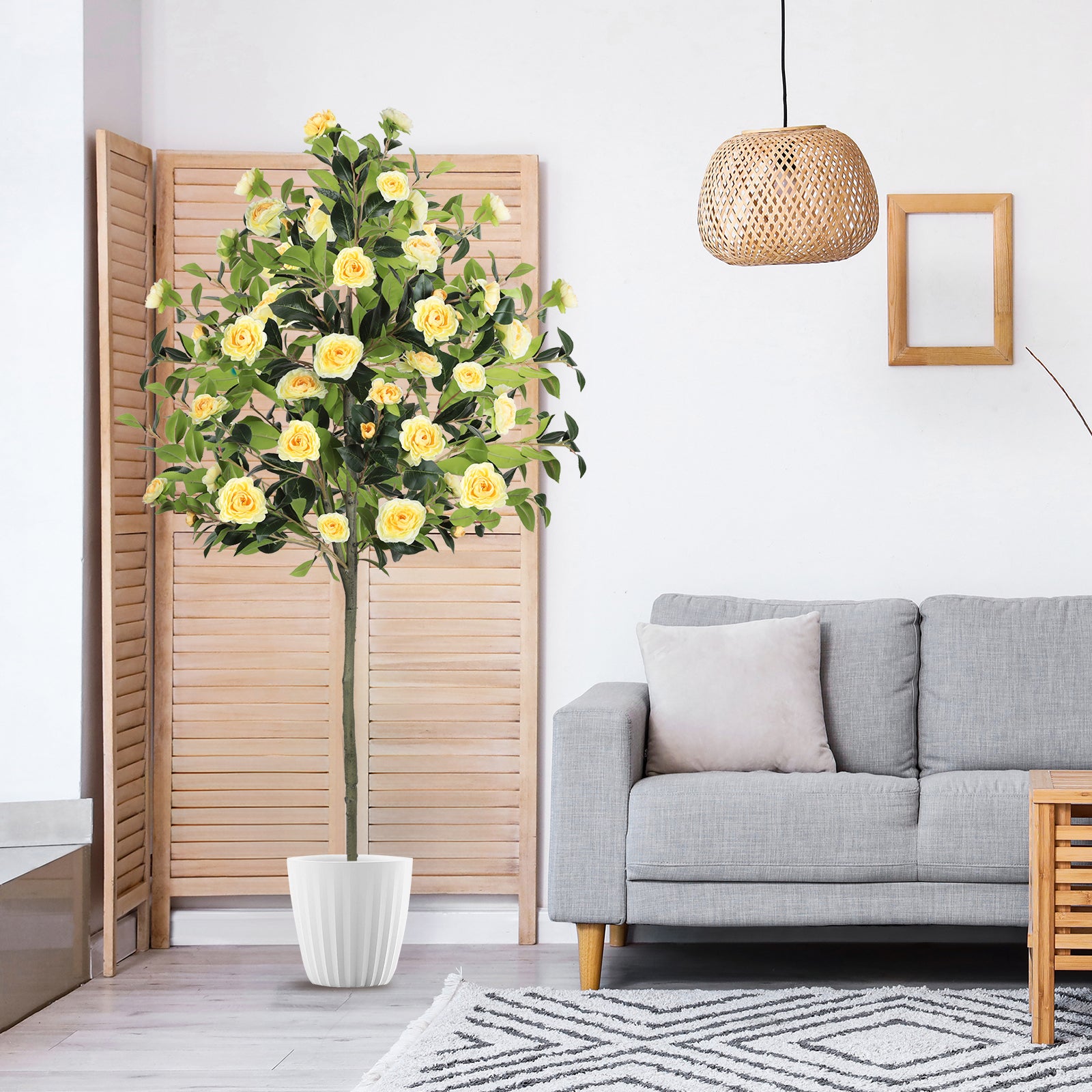 6ft Artificial Camellia Tree with Yellow Flowers, Tall Faux Blooming Tree in Pot for Indoor Outdoor Home Front Door Decor